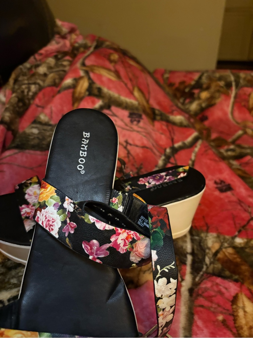 BAMBOO Black Floral Platform Slide Sandals with Cream Sole